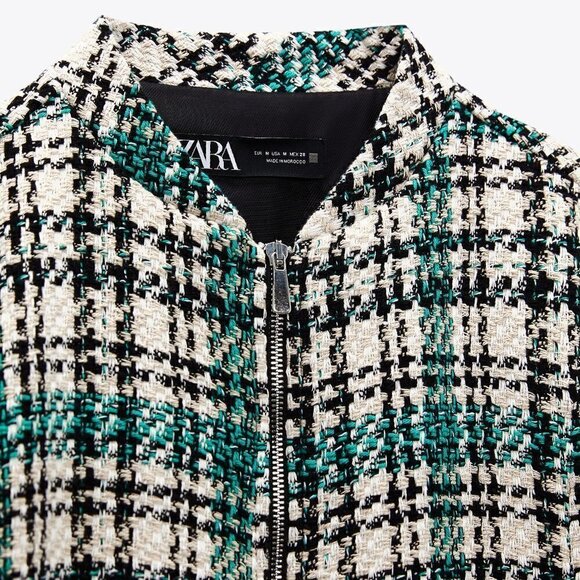New Zara Plaid Textured Tweed Oversized Bomber Green Chanel Style Jacket NWT XS - Picture 9 of 17